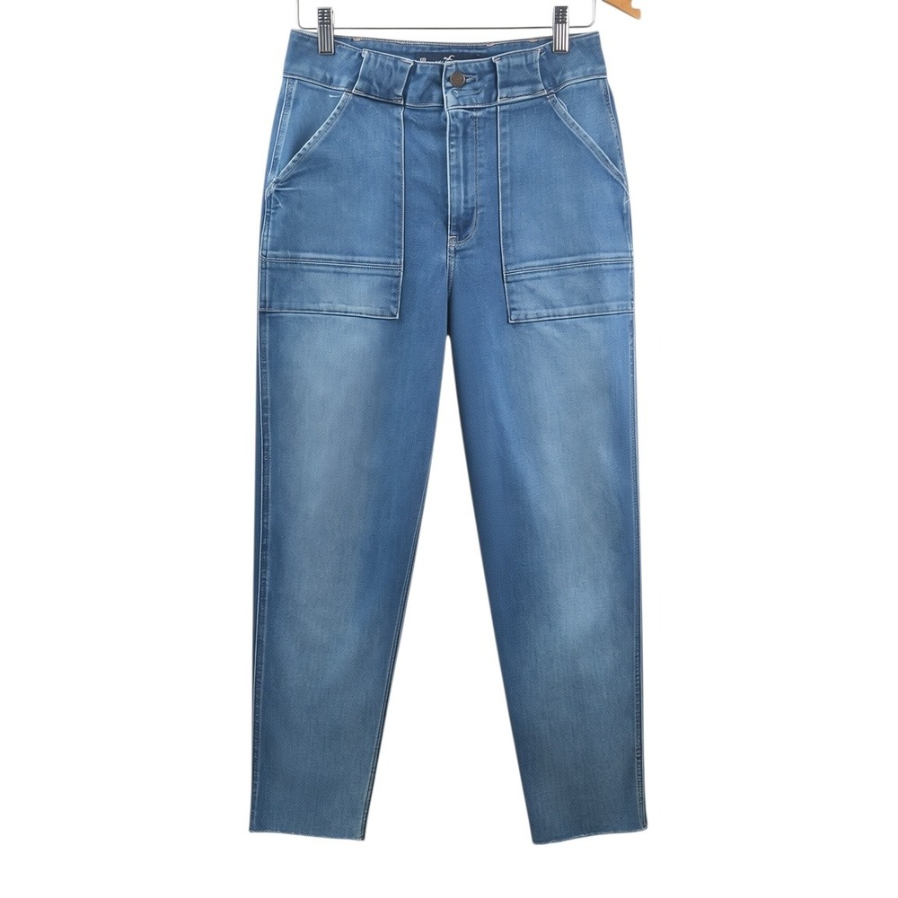 Hollister High Rise Utility Mom Jeans Blue Carpenter Frayed Size 11R / 30 W